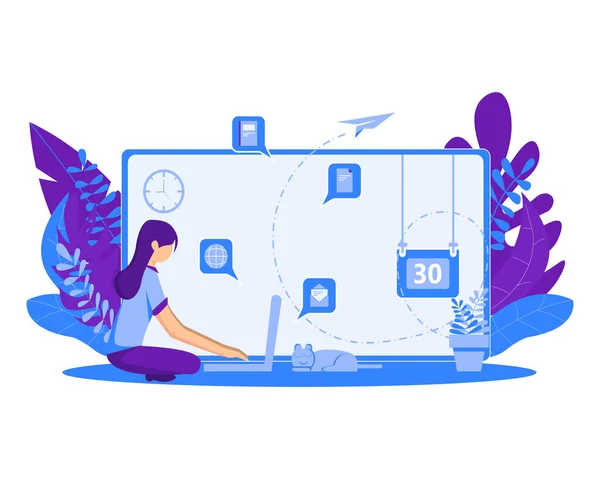 Vectorillustratie Van Een Vrouw Die Voor Een Laptop Werkt Thuis — Stockvector