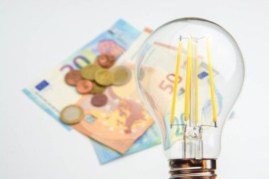Avro banknotları, sikkeler ve ampullerle ev enerjisi teması