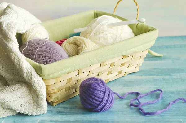 Multicolored Balls Thread Lying Basket Needlework Next Knitted Blanket Lilac — Stock Photo, Image