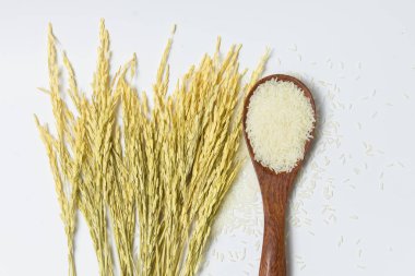 Tahta kaşıkta pirinçten yapılmış pirinçler. Sağlık ya da sağlıklı konsept. Yemek ve yemek malzemeleri. Boşluğu kopyala.