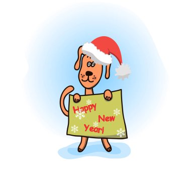 Bir poster Tebrikler mutlu yeni yıl ile belgili tanımlık paws içinde tutan bir kırmızı şapkalı bir köpek çizim bir çocuk s