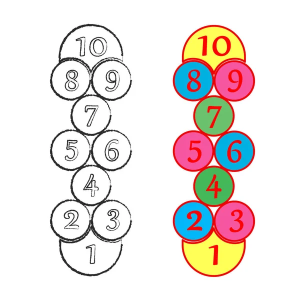 Illustrazione con gioco hopscotch. Gioco di strada per bambini. Vettore EPS-10 — Vettoriale Stock