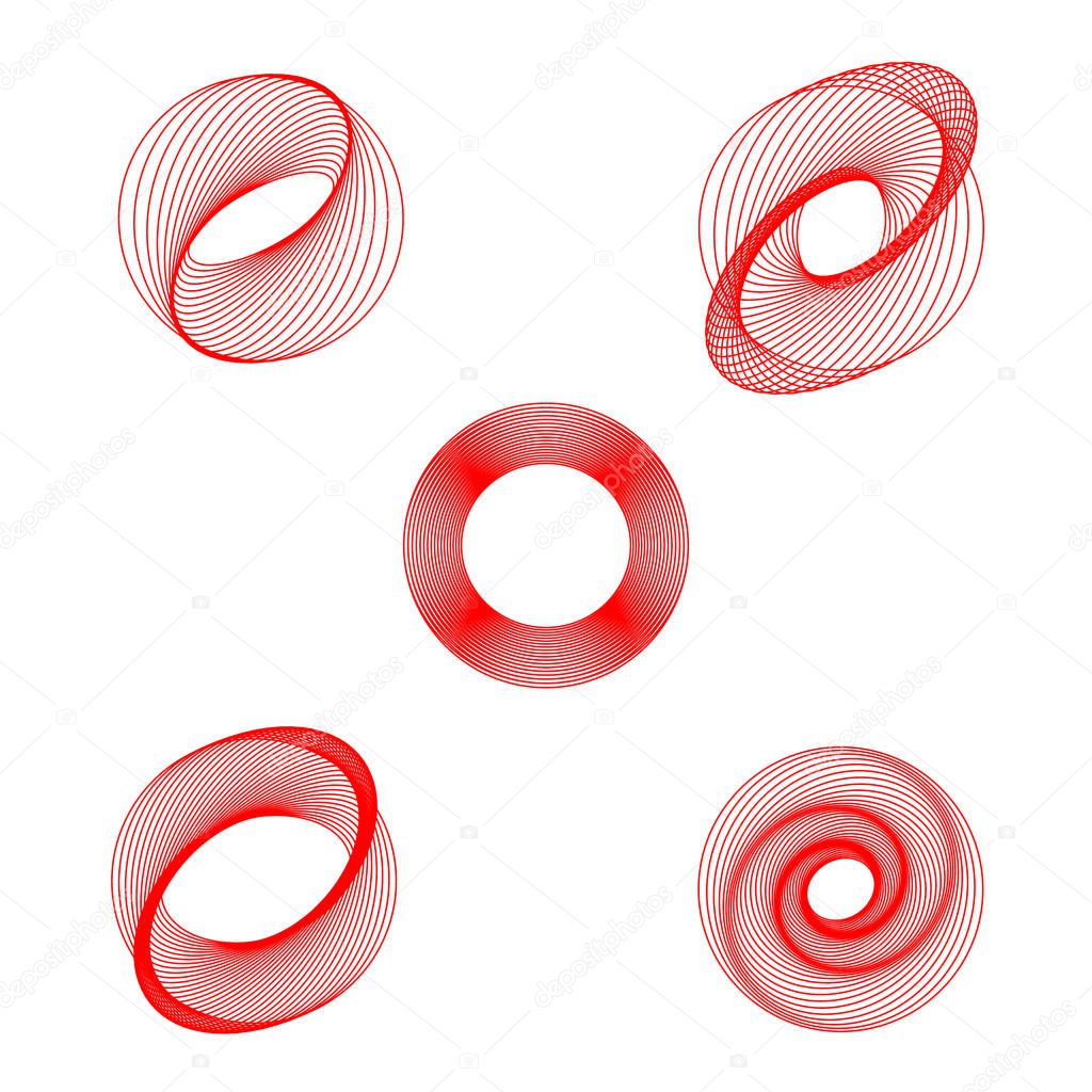 A set of five helical elements, vector whirls round shape red color. The swirl symbol