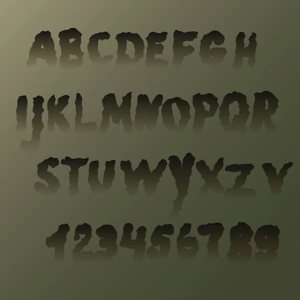 Posez de terribles lettres tremblantes, transparentes au fond. L'alphabet et les chiffres, adapté pour Halloween — Image vectorielle