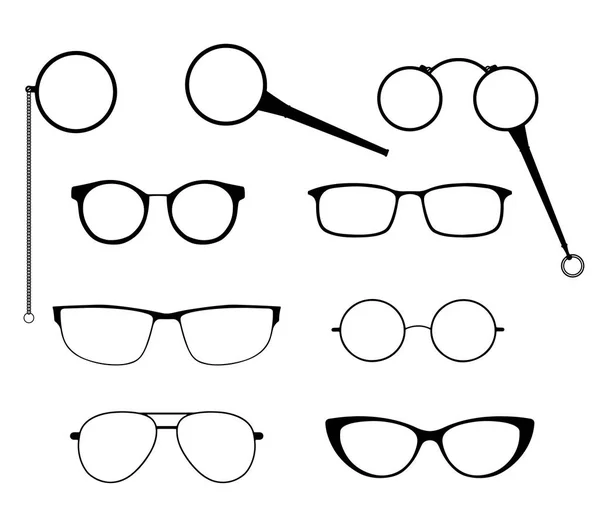 Brille Silhouette Vektor Set. Brillengestelle für moderne Sonnenbrillen unterschiedlicher Stilrichtungen sowie Vintage-Brillen - Lorgnette, Monokel und eine Lupe — Stockvektor