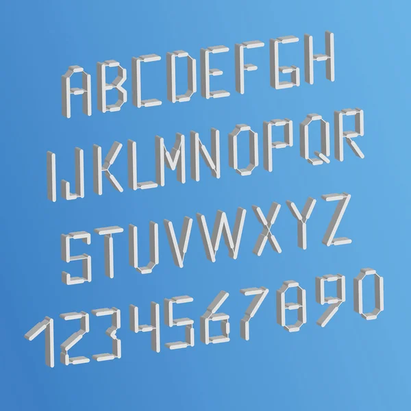 Letras 3d y números en el fondo del cielo. Alfabeto blanco Inglés, Francés, Portugués — Vector de stock