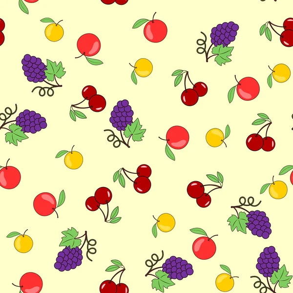 Sfondo senza soluzione di continuità con frutta-mele, uva e ciliegie. Vettore — Vettoriale Stock