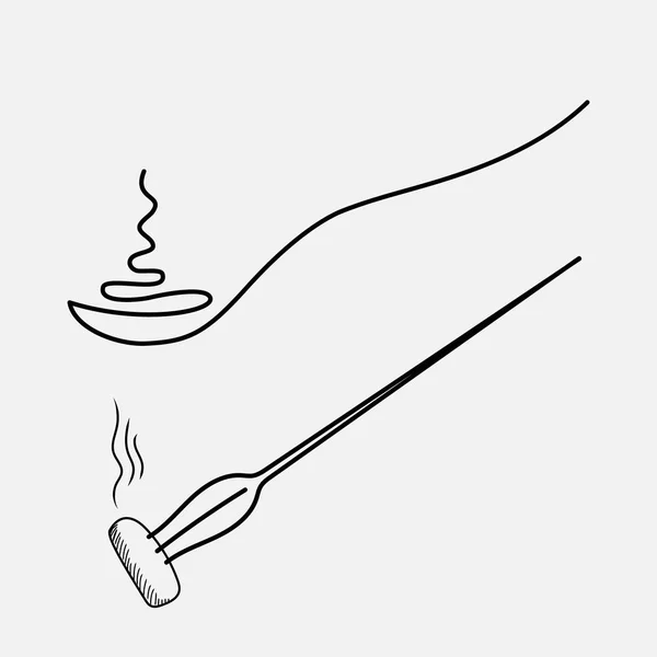 Cuchara con comida caliente, una línea de dibujo. Horquilla con un pedazo de comida caliente. — Vector de stock