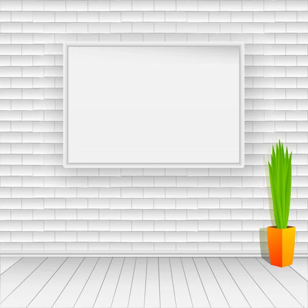 白い木の床と白いレンガの壁。壁に空白の画像がハングアップします。階には緑の植物の鍋 — ストックベクタ