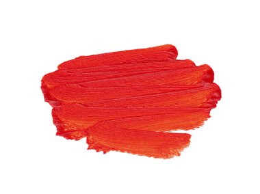 Kırmızı boya lekesi. Parlak akrilik boya. Fırça darbesi dokusu beyazda izole edildi.