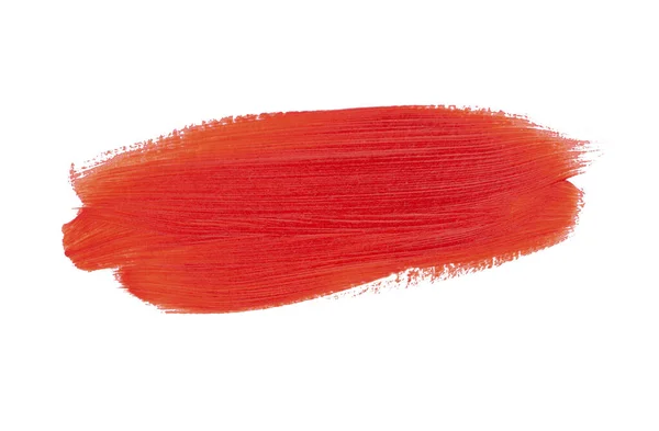 一抹红色的油漆 明亮的丙烯酸涂料 在白色上隔绝的笔触纹理 — 图库照片