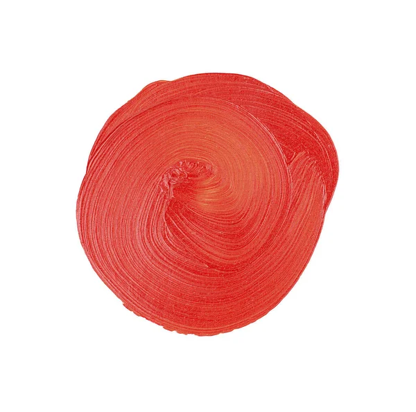 一片圆圆的红色油漆 明亮的丙烯酸涂料 在白色上隔绝的笔触纹理 — 图库照片