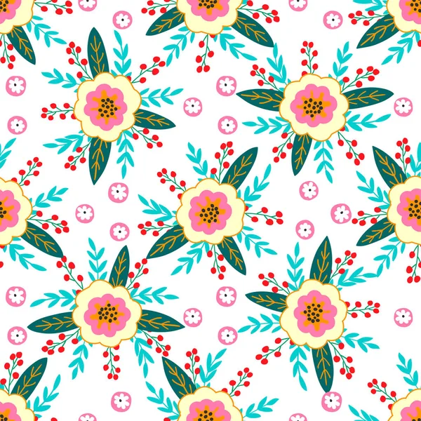 Seamless pattern of flowers, berries, leaves and twigs of fantasy plants. Vector — Stock Vector