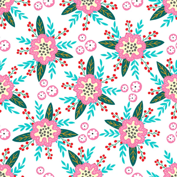 Seamless pattern of flowers, berries, leaves and twigs of fantasy plants. Vector — Stock Vector