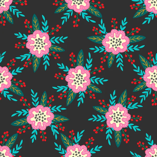 Modelo perfecto de flores, bayas, hojas y ramitas de plantas fantasiosas. Vector — Vector de stock