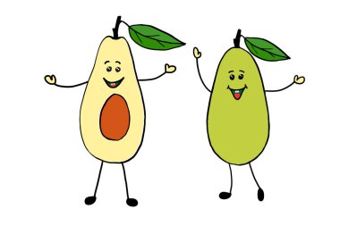 Vektör çizimi, yeşil avokado, bir yeşil yaprak, tam bir meyve ve kemikli yarım meyve. .