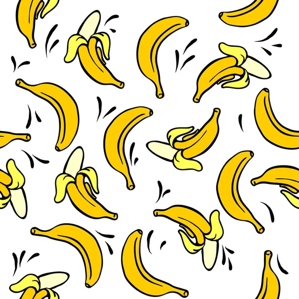 Фон бесшовный из открытых и целых бананов. Повторяющиеся элементы. Брызги и капли — стоковый вектор
