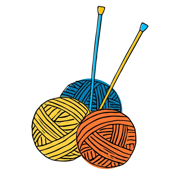 Tres madejas redondas de hilos de lana y agujas de tejer. Ilustración vectorial colorida del boceto — Vector de stock