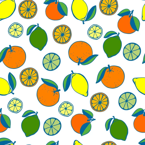 Sfondo vettore senza soluzione di continuità. Arancio, lime e limone, frutti interi e metà . — Vettoriale Stock