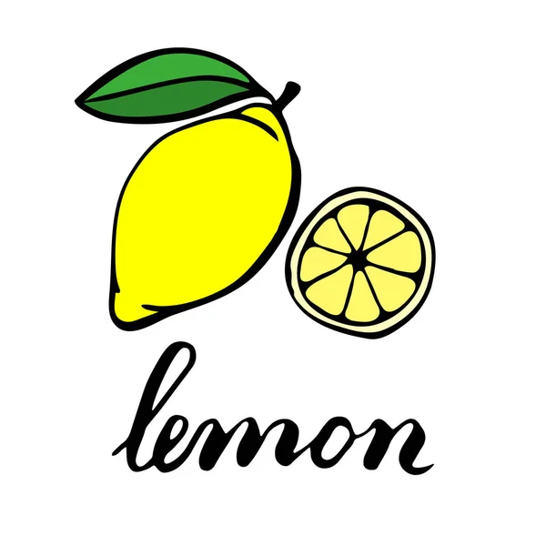 Limón amarillo maduro con una hoja verde. Medio cítrico en la sección. Palabra de letras limón . — Archivo Imágenes Vectoriales