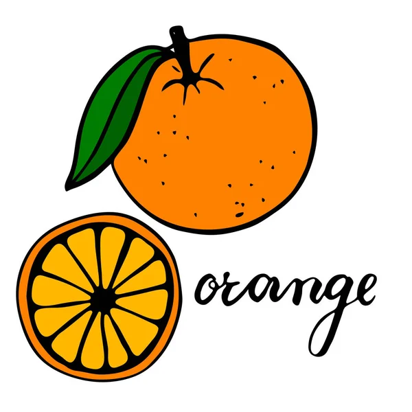 Orange vif avec une feuille verte. Un demi-agrumes en coupe. Lettrage mot orange . — Image vectorielle