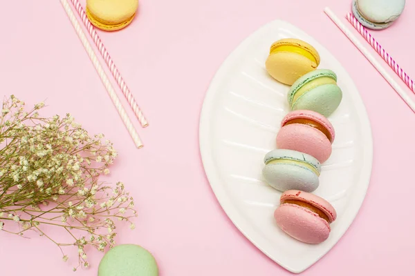 Fresh bright pink macaroons or macaroons on a white plate in the form of a leaf. Around paper tubules for drinks. On a pink background