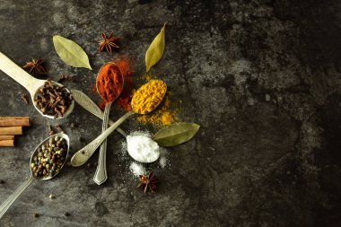 Karanlık bir arka planda kaşıklarda çeşitli baharatlar ve otlar. Yazmak için boş alan ya da yemek tarifleri.
