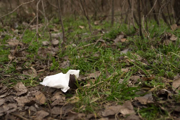 Trash in the park. White paper napkin in the park. Environmental pollution.