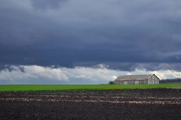 Eenzaam Bouwen Een Veld Onder Donkere Donderwolken — Stockfoto