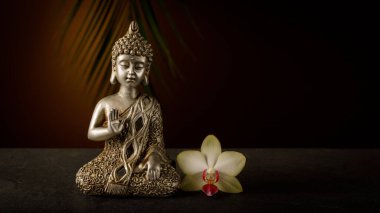 Eski gümüş renkli heykelcik Buddha meditasyon pozunda Orhid çiçeğiyle oturuyor. Kopyalama alanı olan arkaplan