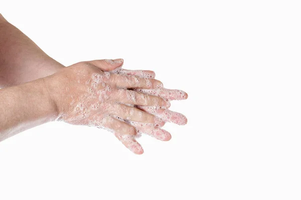 Hand Washing Protection Viruses Bacteria Men Hands Foam Isolated White — Stock Photo, Image