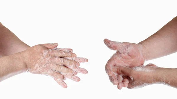 Hand Washing Protection Viruses Bacteria Men Hands Foam Isolated White — Stock Photo, Image