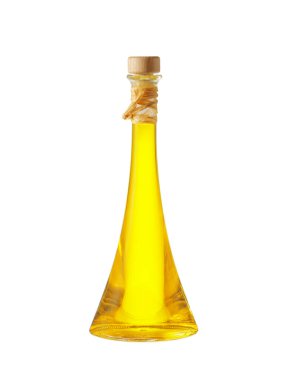 Beyaz arka planda izole edilmiş bir cam şişe sebze zeytinyağı.
