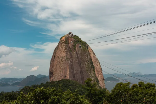 Close up view of the Sugar loaf mountain in Brazil with the cable carts passing.