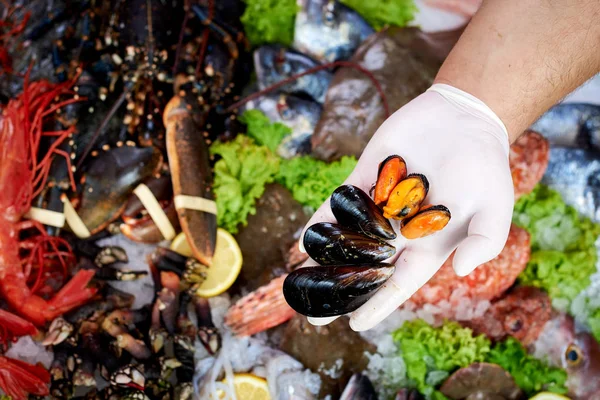 Vendedor presenta mejillones frescos en tienda de pescado —  Fotos de Stock