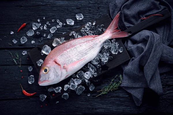 Ryby čerstvé španělské pražma (breca) na ledě na černý dřevěný stůl — Stock fotografie