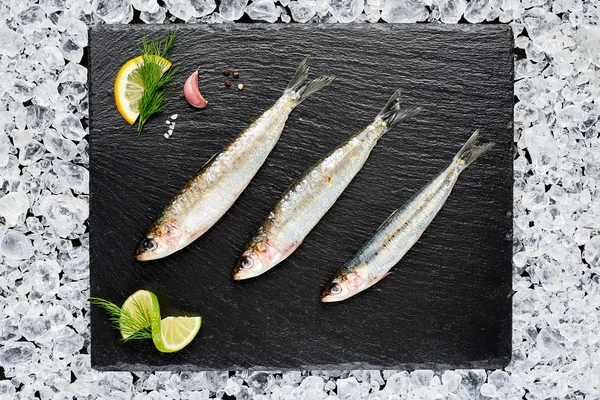 Pescado fresco de sardinas sobre hielo sobre una mesa de piedra negra vista superior — Foto de Stock