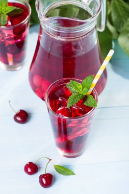 bardak vişne suyu mavi ahşap tablo