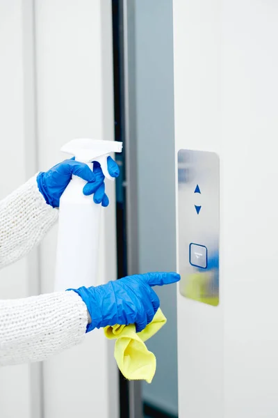 Close Hand Woman Disinfecting Lift Push — Stock Photo, Image