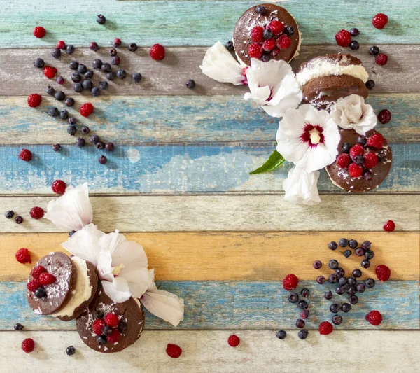 Chocolate Cake Berries Colored Background — Stock Photo, Image