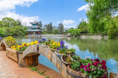 Manzara görünümü Black Dragon Havuzu, doğal yeşim bahar Park fil Hill, Lijiang Çin dibinde bulunan ünlü bir su birikintisi olduğunu.