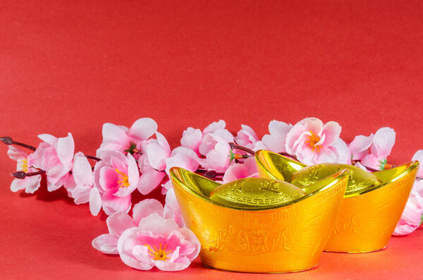 Chinese New Year decorations on red background (English translation for foreign text means blessing)