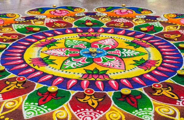 Beautiful colorful Indian traditional rangoli decoration for Diwali or Deepavali celebration