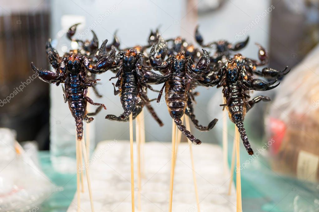 Deep fried scorpions selling at the Bangkok night market.Fried insects is one of the famous snack in Thailand.