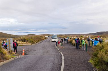 Tongariro Dağı - 26 Mart 2016 Mangatepopo Yolu 'ndan Tongariro Dağı' na giriş noktası. İnsanlar arkadaşlarını beklerken ve maceralarına başlarken görülebilir..