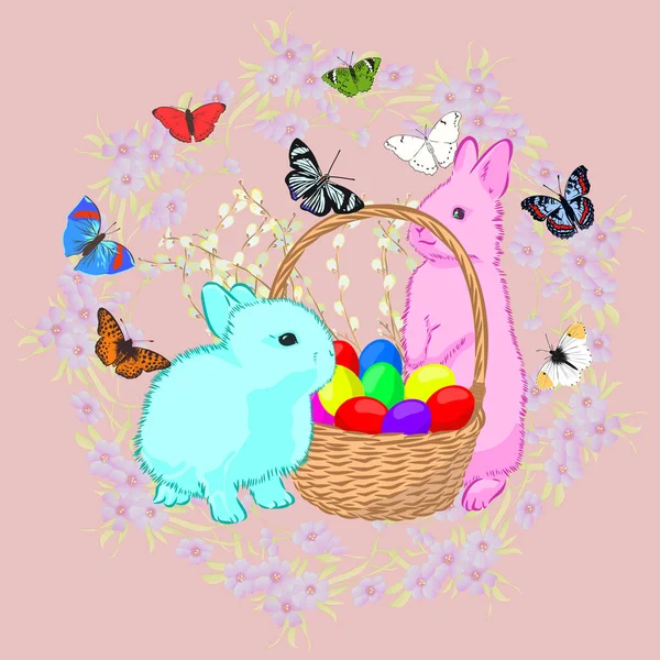 Wielkanocna kartka z królikiem i koszykiem jaj, ilustracja wektorowa — Wektor stockowy