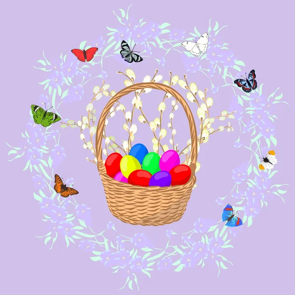 Spring greeting card, Easter basket with colored eggs, vector illustration — Stock Vector