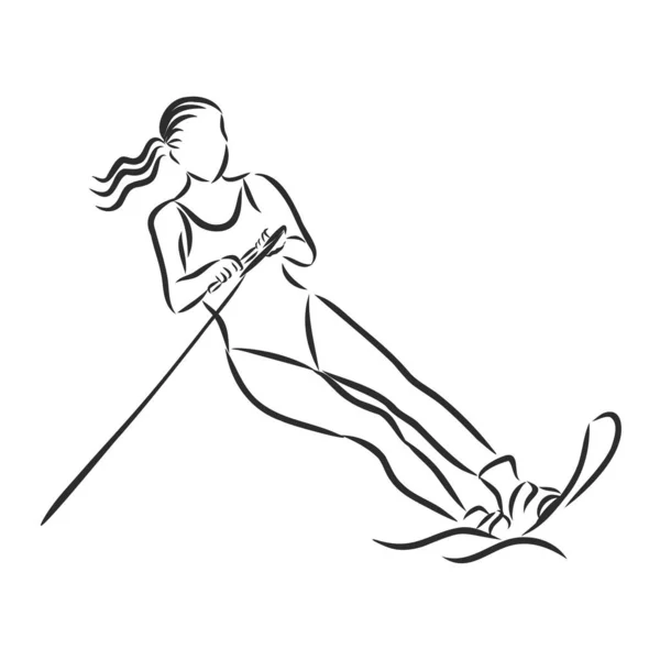 Water skiing athlete, beach activity, vector sketch illustration — Stock Vector