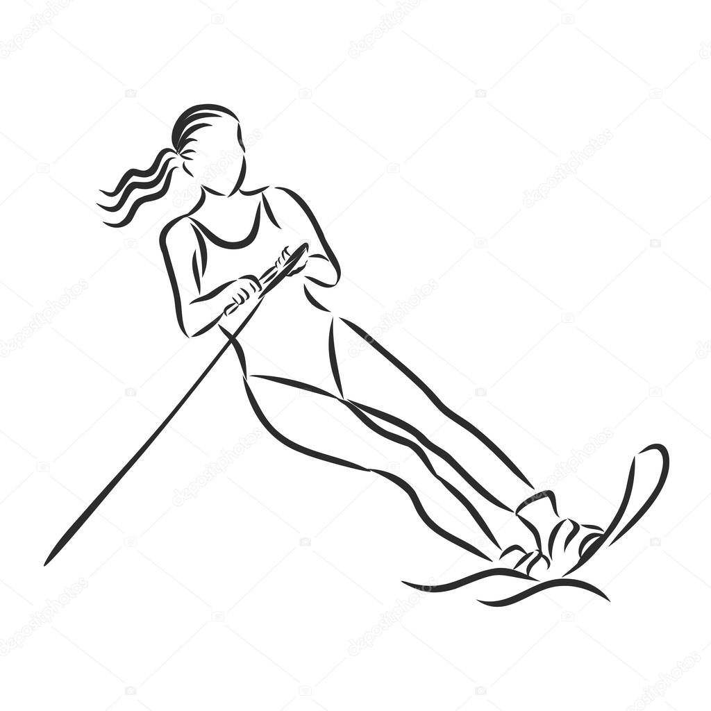 water skiing athlete, beach activity, vector sketch illustration
