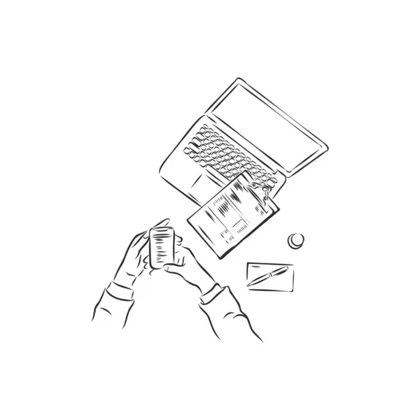 Escritorio de la oficina, manos de los trabajadores con un teléfono celular, ilustración del bosquejo del vector — Archivo Imágenes Vectoriales
